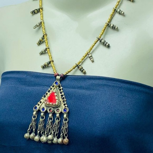 Vintage Triangular Amulet Style Pendant Necklace, Beaded Chain Necklace - Picture 6 of 13
